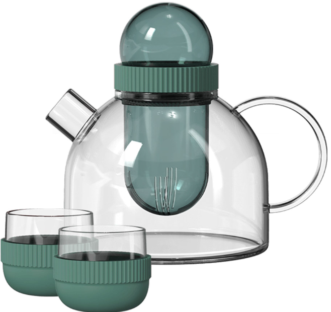 Заварочный чайник 800 мл и две чашки 95 мл/ Высокопрочное боросиликатное стекло KissKissFish BoogieWoogie Teapot with cups (зелёный)