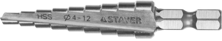 Stayer "MASTER" шестигран. хвост.1/4" Сверло ступенчатое по сталям и цвет.мет., сталь HSS, d=4-12мм, 9ступ.d 4-12, L- 65 мм