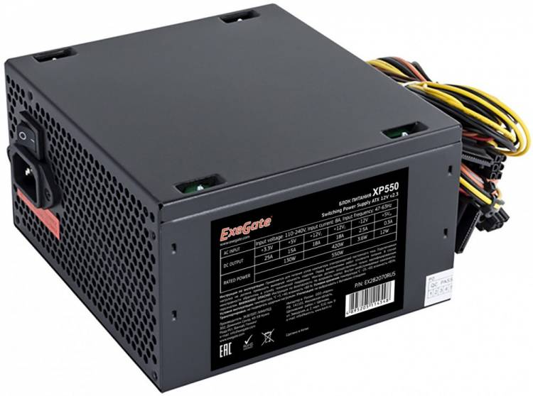Блок питания 550W ExeGate XP550, ATX, PC, black, 12cm fan, 24p+4p, 6/8p PCI-E, 3*SATA, 2*IDE, FDD + кабель 220V в комплекте <EX282070RUS-PC>
