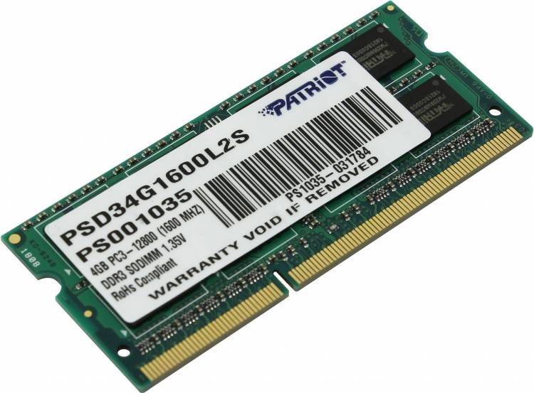 Модуль памяти для ноутбука Patriot SODIMM 4GB PC12800 DDR3 PSD34G1600L2S Global
