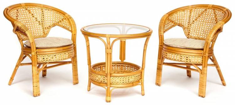 Tetchair ТЕРРАСНЫЙ КОМПЛЕКТ "PELANGI" (стол со стеклом + 2 кресла) /без подушек/ ротанг, кресло 65х65х77см, стол диаметр 64х61см, Honey (мед) 13345