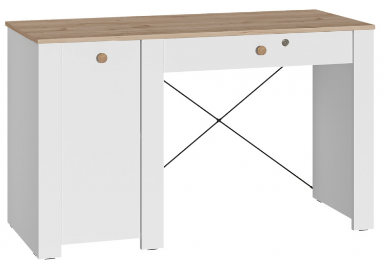Woodville Письменный стол "Джастин" белый шагрень / дуб белый exclusive | Ширина - 126,2; Глубина - 54,8; Высота - 75,3 см