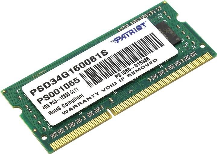 Модуль памяти для ноутбука Patriot SODIMM 4GB PC12800 DDR3 PSD34G160081S Global
