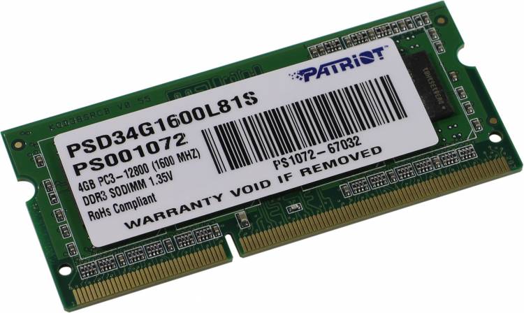 Модуль памяти для ноутбука Patriot SODIMM 4GB PC12800 DDR3L PSD34G1600L81S Global