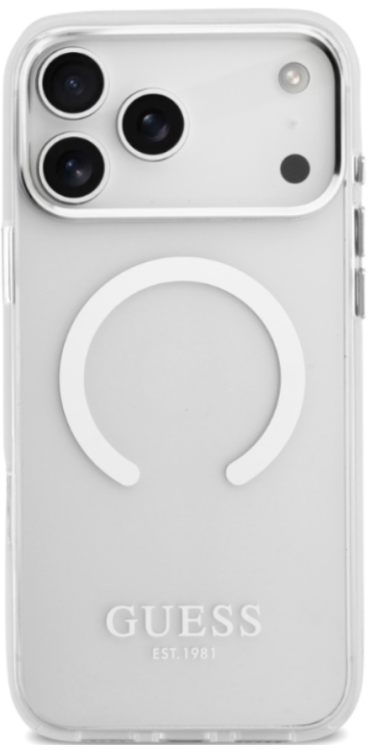 Guess Чехол для iPhone 17 Pro Max с поддержкой MagSafe IML Metal outline and Camera Hard Transparent/Silver 