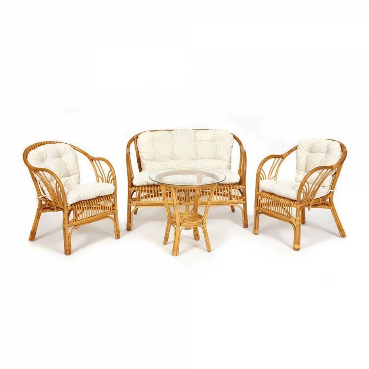 Tetchair КОМПЛЕКТ " NEW BOGOTA " ( диван + 2 кресла + стол со стеклом ) /с подушками/ ротанг, кр:61х67х78,5см, дв:108х66х78,5см, ст:D60х56,5см, Honey (мед) 10086