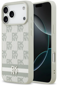 DKNY Чехол iPhone 17 Pro Max PU Checkered Printed Stripes Metal Logo Hard Бежевый, Экокожа, Защита Камеры.