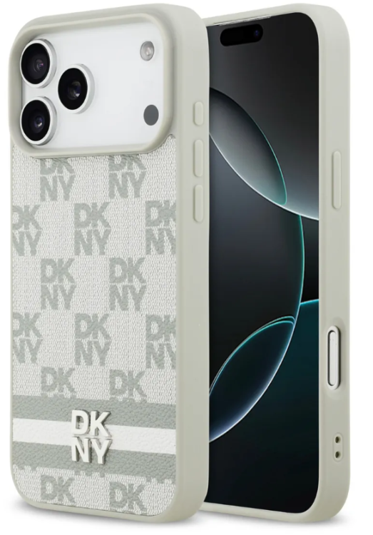 DKNY Чехол iPhone 17 Pro Max PU Checkered Printed Stripes Metal Logo Hard Бежевый, Экокожа, Защита Камеры.