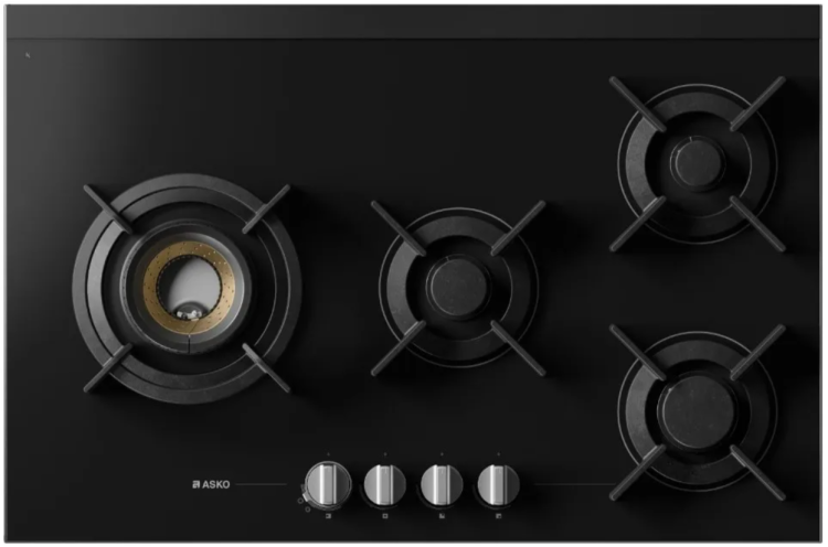 Asko Варочная газовая панель HG8843BGB1 | ВхШхГ: 4,5х79,4х52,2 см | Стеклокерамика | Газконтроль | Электроподжиг | 1 конфорка Fusion Volcano Wok + 4 Keradur
