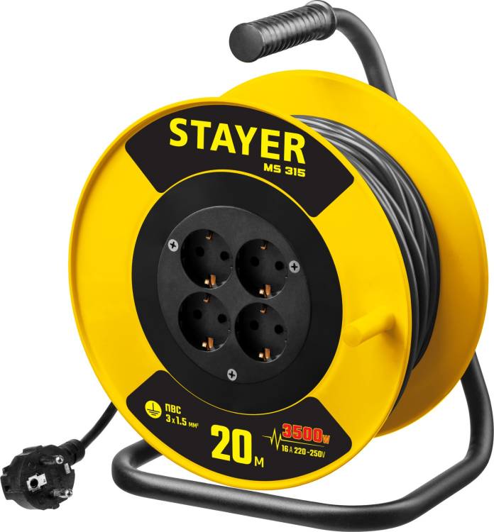 Stayer 55078-20 Удлинитель на катушке MS 315, 20 м, 3500 Вт, заземление, 4 гнезда