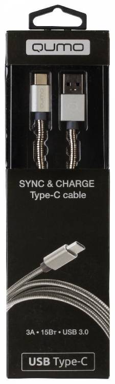 Кабель Qumo Type-С кабель, 1м, USB 3.0, 5В, 3А, 15Вт, металлическая оплетка, металлический коннектор, серебряный