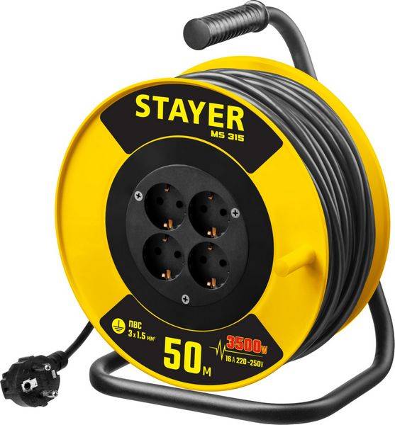 Stayer 55078-50 Удлинитель на катушке MS 315, 50 м, 3500 Вт, заземление, 4 гнезда