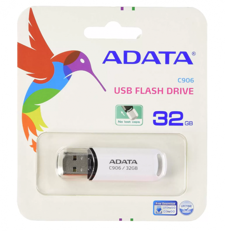 Память USB Flash 32 ГБ ADATA C906 [AC906-32G-RWH] / USB 2.0, монолит с колпачком, пластик