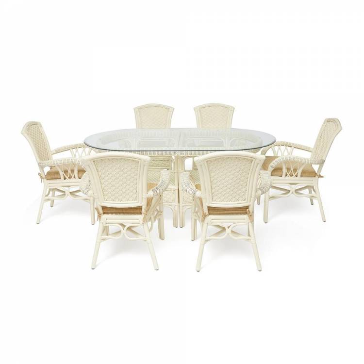 Tetchair Комплект обеденный "ANDREA GRAND" (стол со стеклом+6 кресел+ подушки) TCH White (белый), Ткань рубчик, цвет кремовый 12427