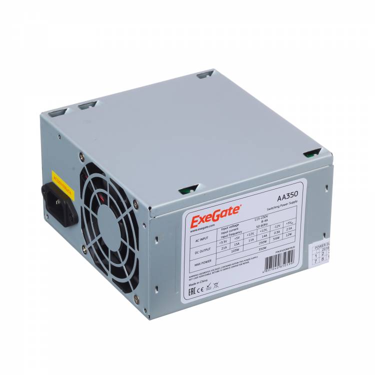 Блок питания 350W Exegate AA350, ATX, SC, 8cm fan, 24p+4p, 2*SATA, 1*IDE + кабель 220V с защитой от выдергивания <EX253681RUS-S>