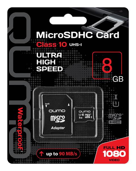 Карта памяти QUMO MicroSDHC 8GB Сlass 10 UHS-I,  3.0 с адаптером SD, черно-красная картонная упаковка (QM8GMICSDHC10U1)