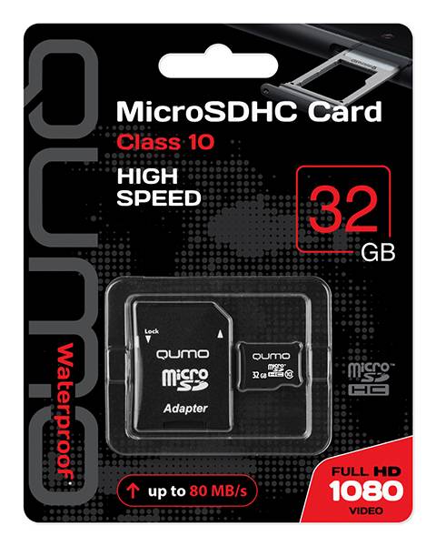 Карта памяти QUMO MicroSDHC 32GB Сlass 10 с адаптером SD, черно-красная картонная упаковка (QM32GMICSDHC10)