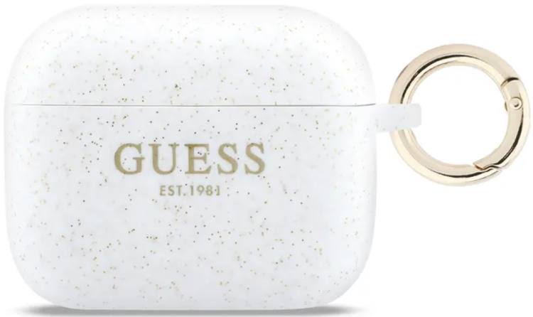 Guess Чехол для Airpods Pro 3 | Кольцо для ношения | Надежная фиксация | Silicone with ring, Glitter/White