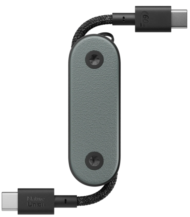 Native Union Pocket Cable USB-C to USB-C | 60W Быстрая зарядка | Компактный кабель-брелок | Для ноутбуков, смартфонов, планшетов | Цвет темно-зеленый