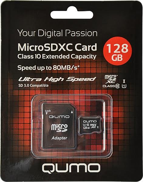 Карта памяти QUMO MicroSDXC 128 GB  UHS-I, 3.0 с адаптером SD, черно-красная картонная упаковка
