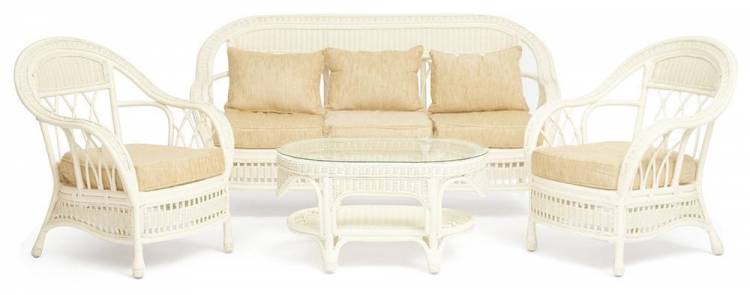 Tetchair КОМПЛЕКТ для отдыха "MICHELLE" ( стол со стеклом+ диван + 2 кресла + подушки) TCH White (белый), Ткань рубчик, цвет кремовый 13336