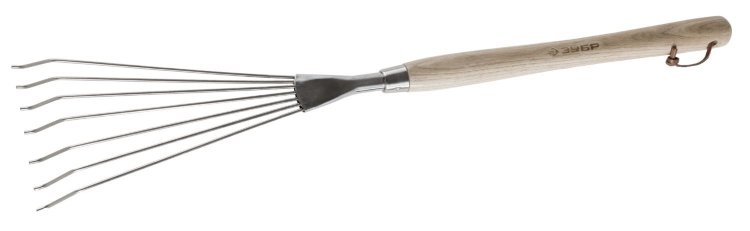 Грабельки Зубр 290х120х605мм "Эксперт" веерные из нержавеющей стали, деревянная ручка из ясеня, 7 круглых зубцов