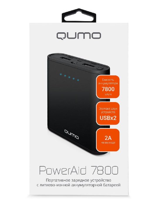 Внешний аккумулятор Qumo PowerAid 7800, литий-ионный, 7800 мА-ч, 2 USB 1A+2A, вход 1А, черный, корпус ABS пластик