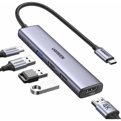 Ugreen USB-концентратор для MacBook, ноутбуков Realme, Huawei, Honor, Xiaomi | CM478 USB-C to HDMI+4xUSB 3.0 A without PD Converter Grey 20955