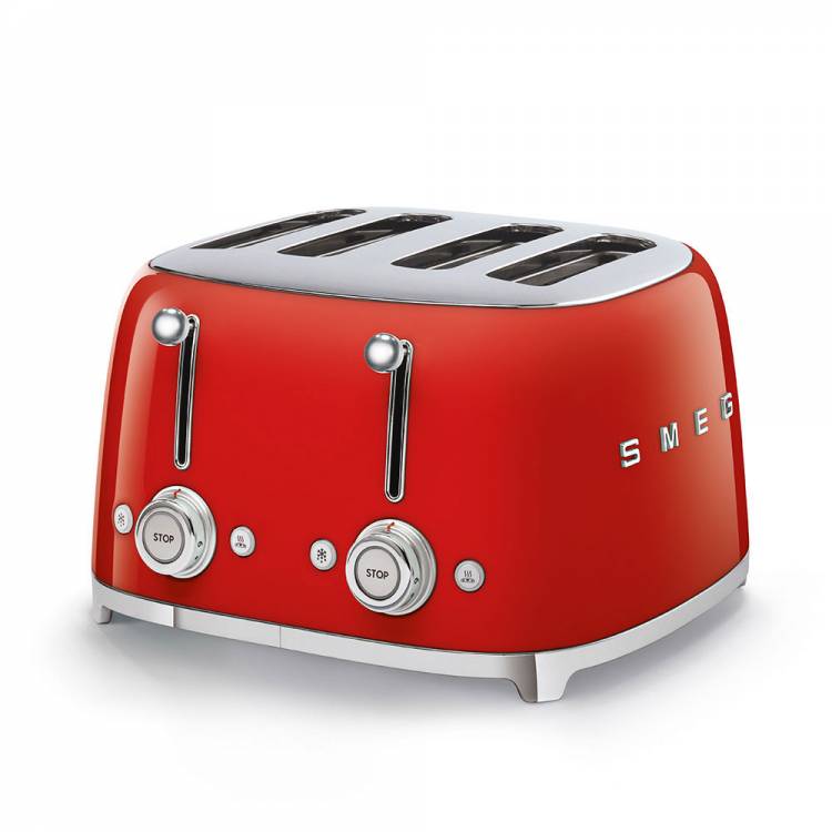 Тостер SMEG красный в стиле 50-х г.г./ Тостер на 4 ломтика; Функции: подогрев, размораживание, багель; 6 уровней поджаривания; Съемный поддон для крошек.