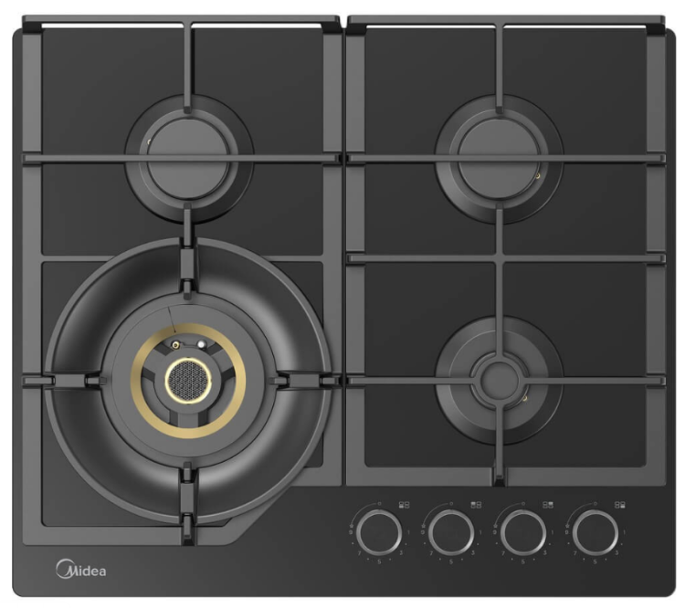 Midea MG697VGB Варочная поверхность | ШхВхГ: 515х560х90 мм | Материал решеток: Чугун | Газконтроль: Да | Покрытие: Закаленное стекло