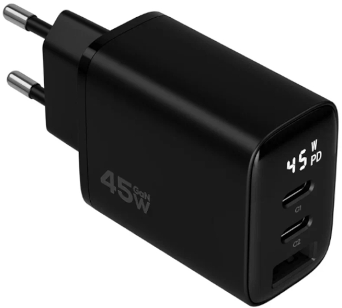 Magssory Сетевое зарядное устройство | Мощность 45 Вт, GaN | 3 порта: USB-C, USB-A | Быстрая зарядка, black