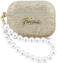 Guess Чехол для Airpods Pro 3 Glitter flakes Metal logo with Pearl hand strap Gold