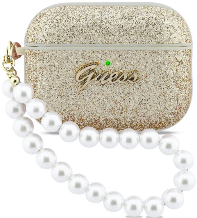 Guess Чехол для Airpods Pro 3 Glitter flakes Metal logo with Pearl hand strap Gold