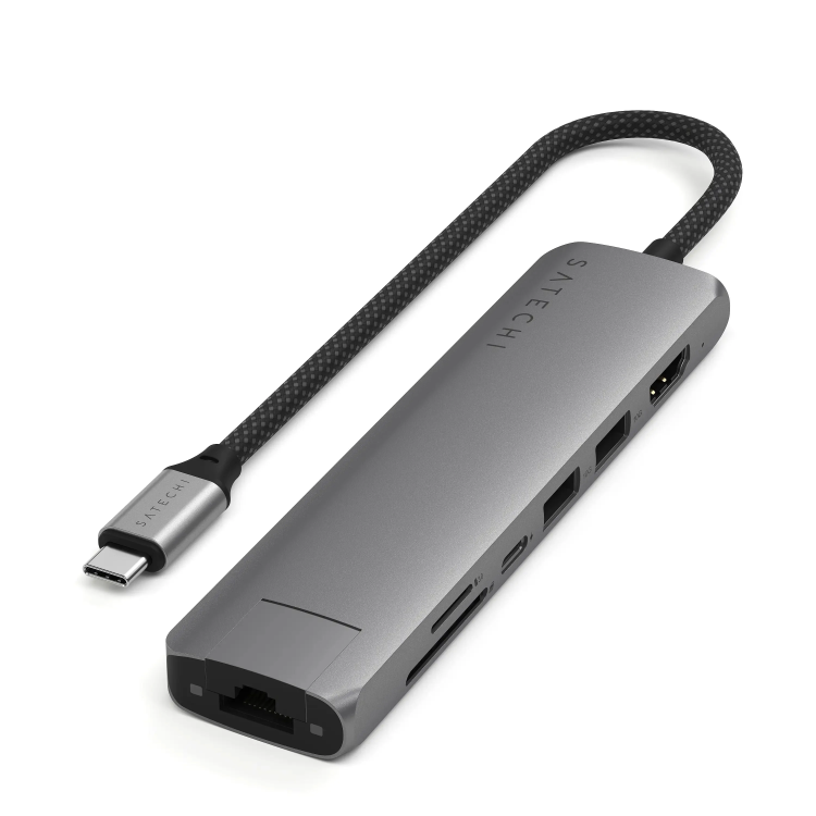Satechi USB-C Хаб 7-в-1 Slim Multiport с Ethernet, HDMI 4K, USB 3.2, SD-кардридером и зарядкой 100W — для MacBook, iPad, ноутбуков Space Grey