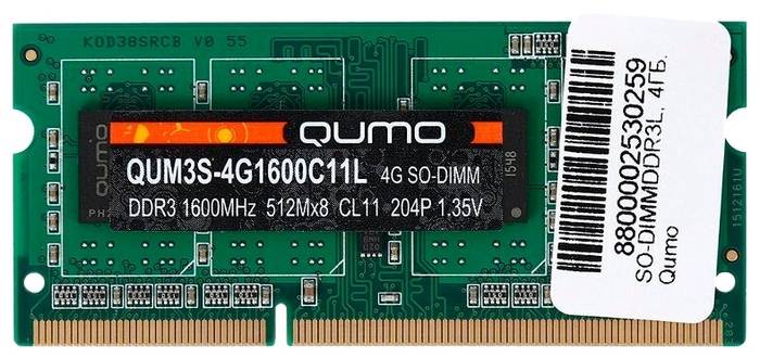 Модуль памяти SO-DIMM DDR-III 4GB QUMO 1600MHz PC-12800 512Mx8 CL11 204P Retail (QUM3S-4G1600C11)