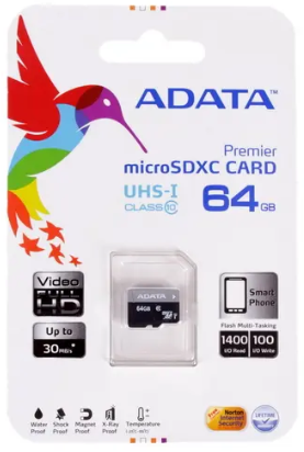 Карта памяти ADATA MICRO SDXC 64GB CLASS10 W/AD (AUSDX64GUICL10-RA1)