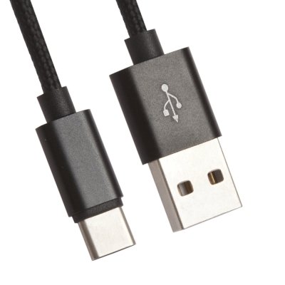 Кабель Qumo Type-С кабель, 1м, USB 2.0, 5В, 2А, 10Вт, тканевая оплетка, стальной коннектор, черный