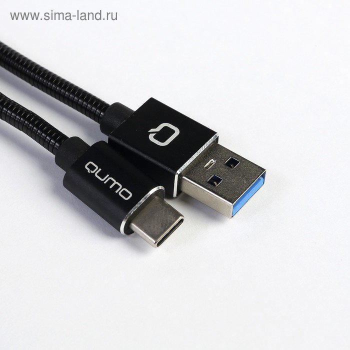 Кабель Qumo Type-С кабель, 1м, USB 3.0, 5В, 3А, 15Вт, металлическая оплетка, металлический коннектор, черный
