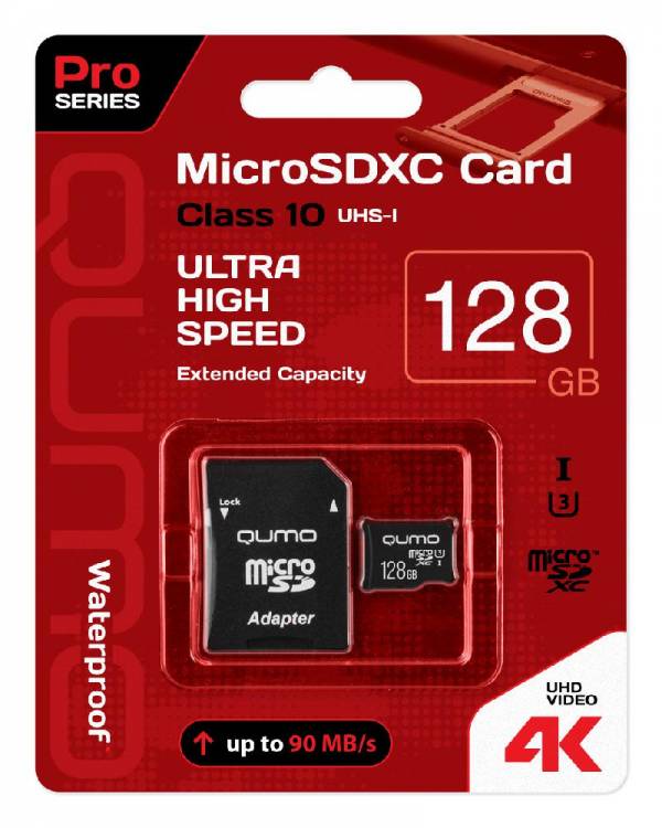 Карта памяти QUMO MicroSDXC 128 GB  UHS-3, 3.0 с адаптером SD, черно-красная картонная упаковка