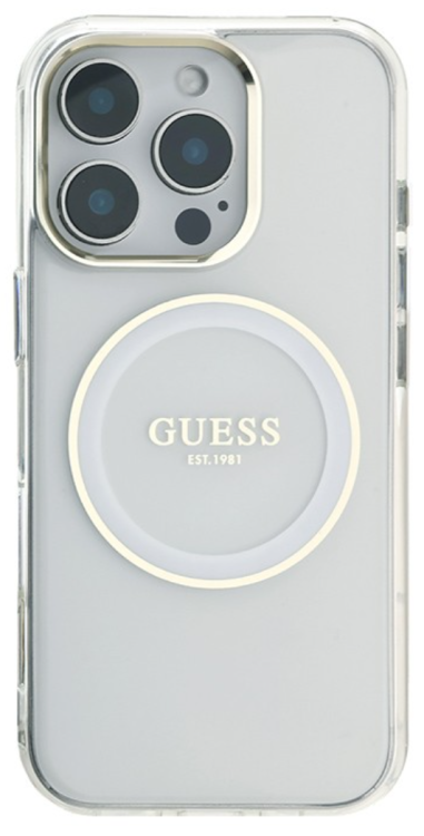 Guess для iPhone 16 Pro Max чехол PC/TPU Middle Colored Ring Metal Cam Hard Transp/White (MagSafe)