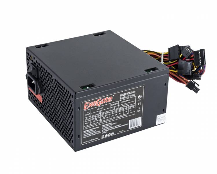 Блок питания 400W Exegate XP400, ATX, SC, black, 12cm fan, 24p+4p, 3*SATA, 2*IDE, FDD + кабель 220V с защитой от выдергивания <EX219459RUS-S>