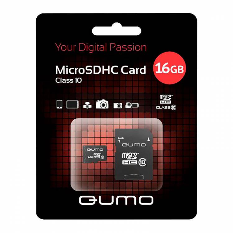 Карта памяти Qumo MicroSDHC 16GB Сlass 10 с адаптером SD (QM16GMICSDHC10)