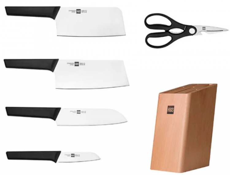 Набор стальных ножей HuoHou HU0058 RUS 6-Piece Kitchen Knife Set Lite черный (4 ножа + ножницы + деревянная подставка)