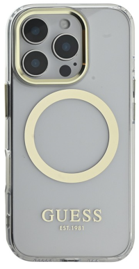 Guess для iPhone 16 Pro Max чехол PC/TPU Metal outline Transparent/Gold (MagSafe)