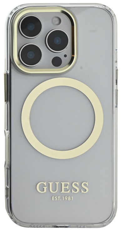 Guess для iPhone 16 Pro Max чехол PC/TPU Metal outline Transparent/Gold (MagSafe)