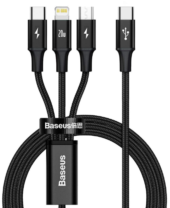 Кабель USB BASEUS Rapid 3-in-1, USB - MicroUSB+Type-C+Lightning, 3.5A, 1.5 м, черный CAMLT-SC01