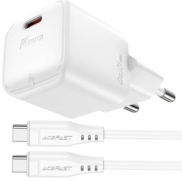  Acefast адаптер сетевой + кабель A77 mini, PD30W GaN USB, цвет: белый