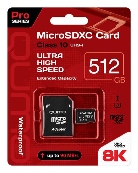 Карта памяти QUMO MicroSDXC 512 GB  UHS-3, 3.0 с адаптером SD, черно-красная картонная упаковка