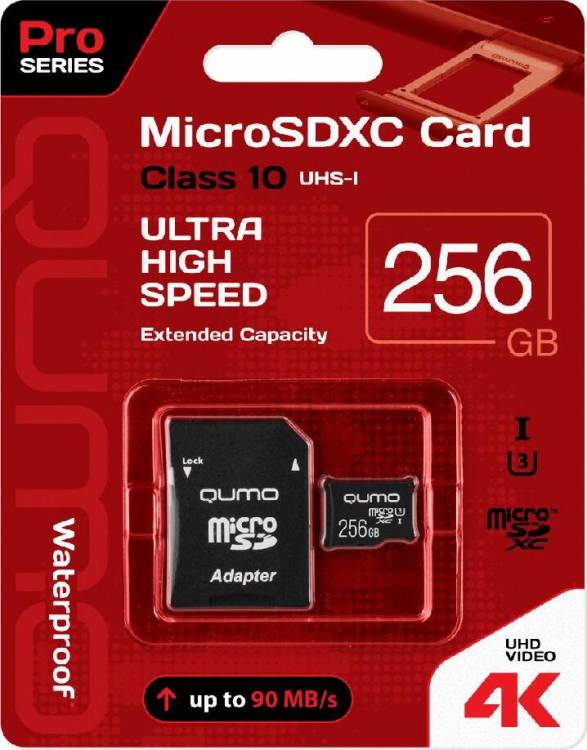 Карта памяти QUMO SDXC 256GB Class 10 UHS-I U3 Pro Seria 3.0, r/w speed до 90/70 MB/s красная картонная упаковка