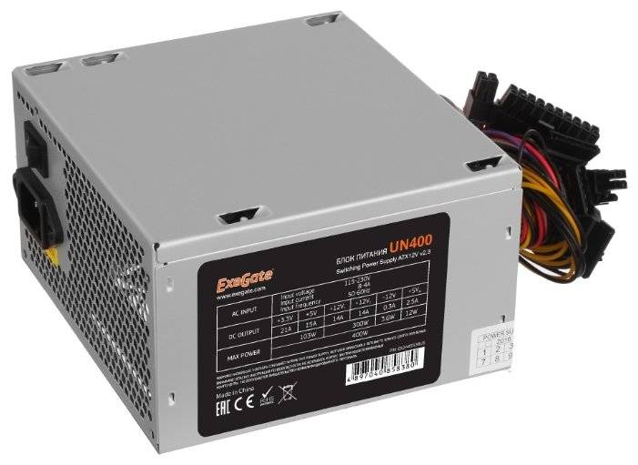 Блок питания 400W ExeGate UN400, ATX, PC, 12cm fan, 24p+4p, 3*SATA, 2*IDE, FDD + кабель 220V в комплекте <EX244553RUS-PC>